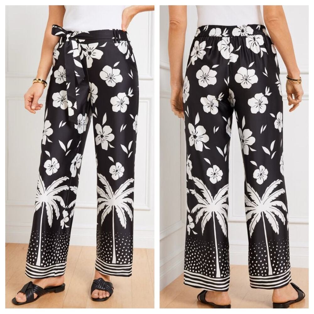 NEW Talbots Tie Waist Wide Leg Pants with Palm Beach Border - Size S